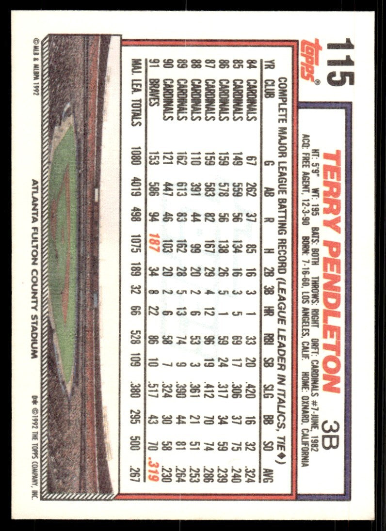 1992 Topps Terry Pendleton Baseball Card Atlanta Braves #115