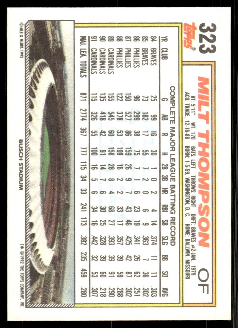 1992 Topps Milt Thompson Baseball Card St. Louis Cardinals #323
