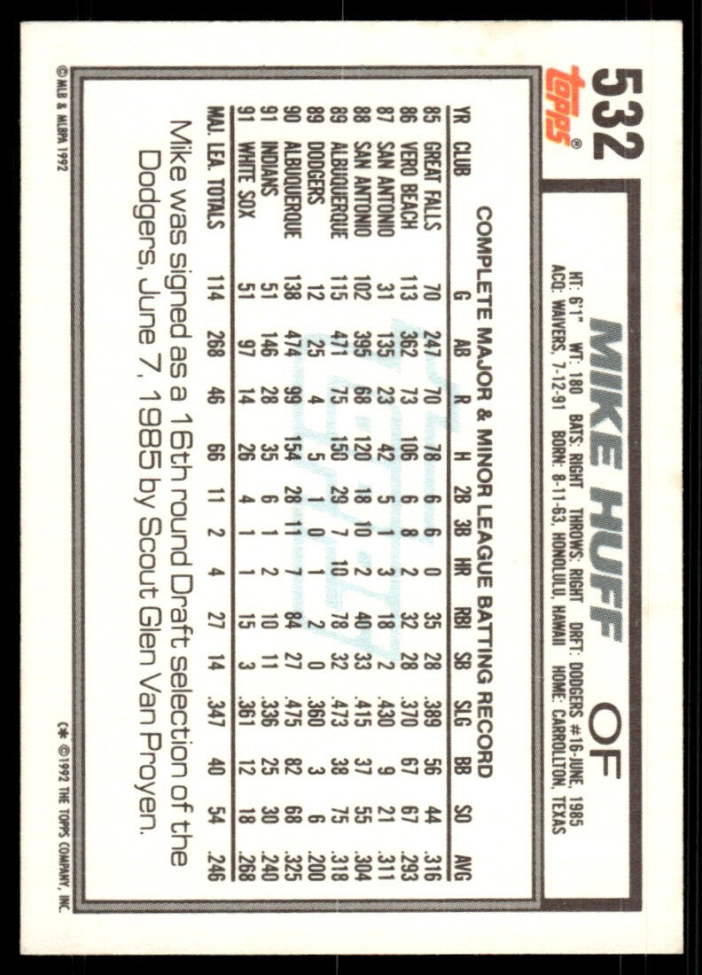 1992 Topps Mike Huff Baseball Card Chicago White Sox #532