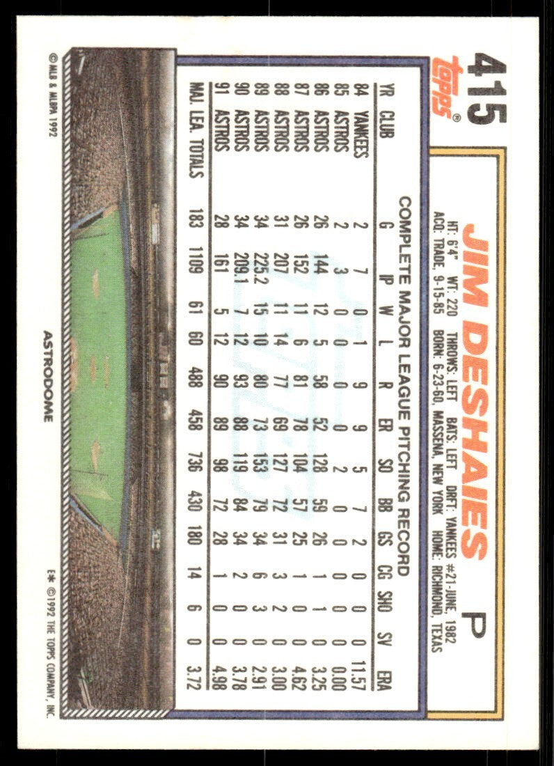 1992 Topps Jim Deshaies Baseball Card Houston Astros #415