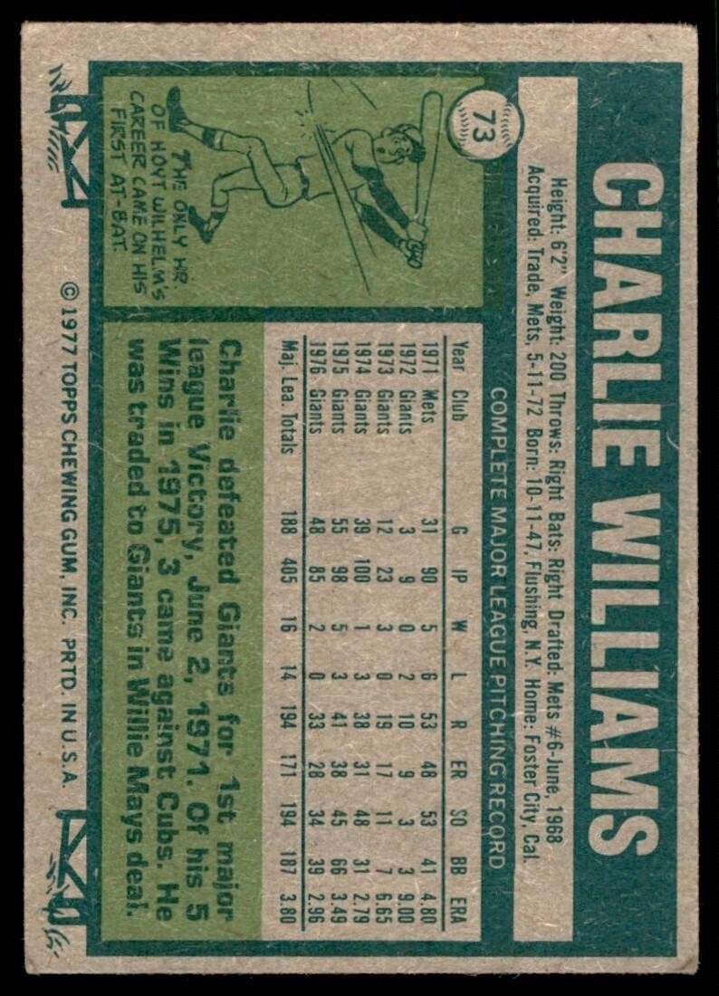 1977 Topps Charlie Williams A Baseball Cards #73