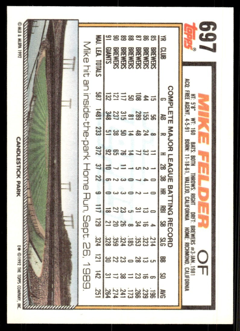 1992 Topps Mike Felder Baseball Card San Francisco Giants #697