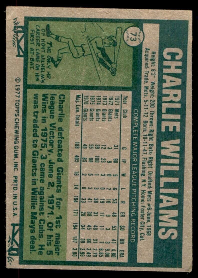 1977 Topps. Charlie Williams Baseball Cards #73