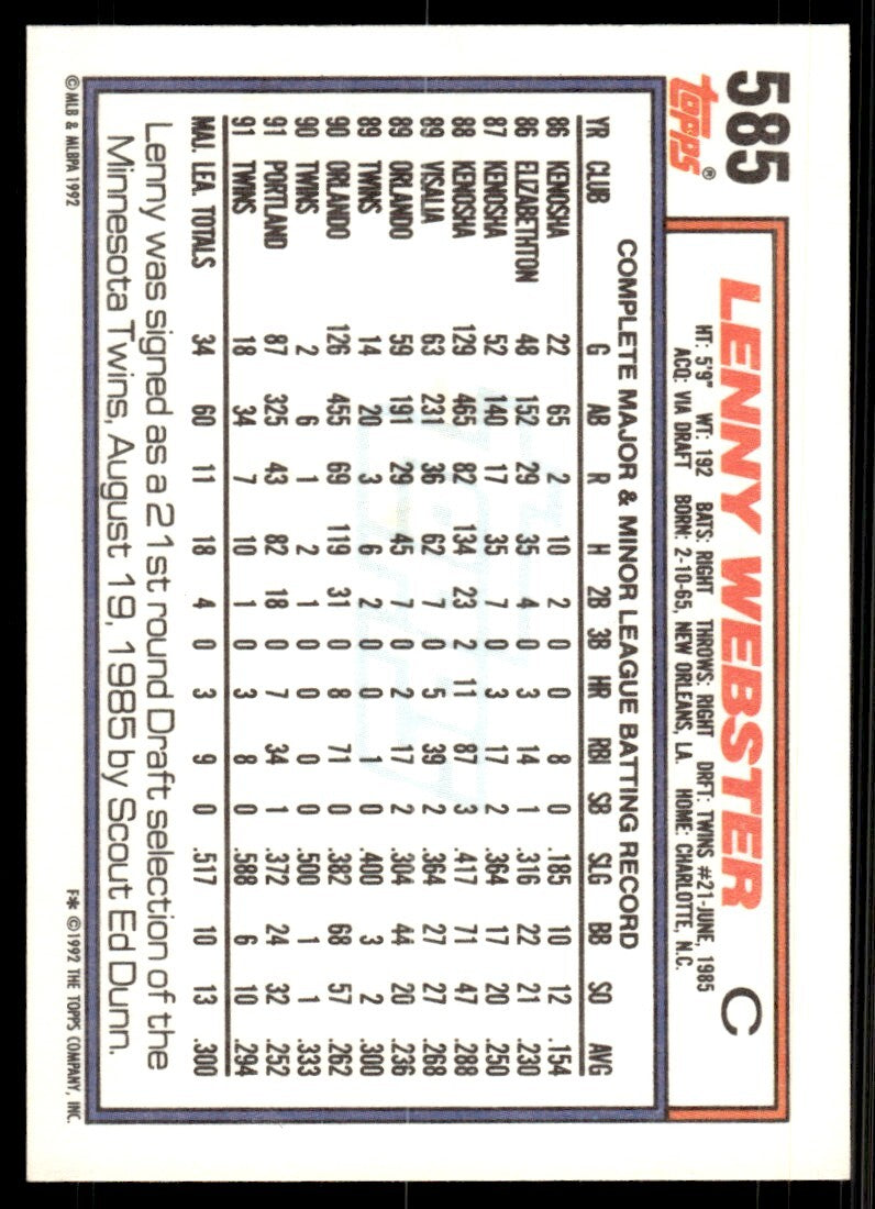 1992 Topps Lenny Webster Baseball Card Minnesota Twins #585