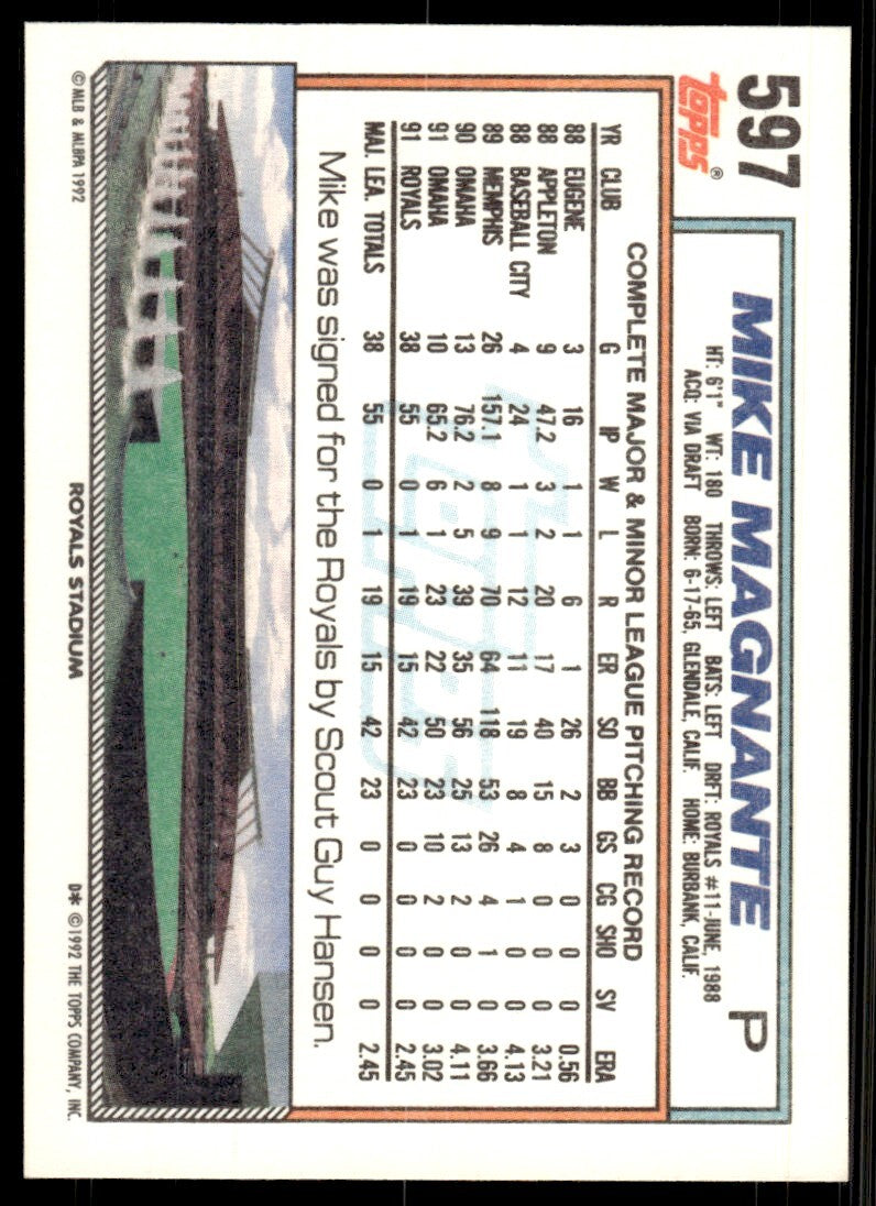 1992 Topps Mike Magnante Rookie Baseball Card Kansas City Royals #597
