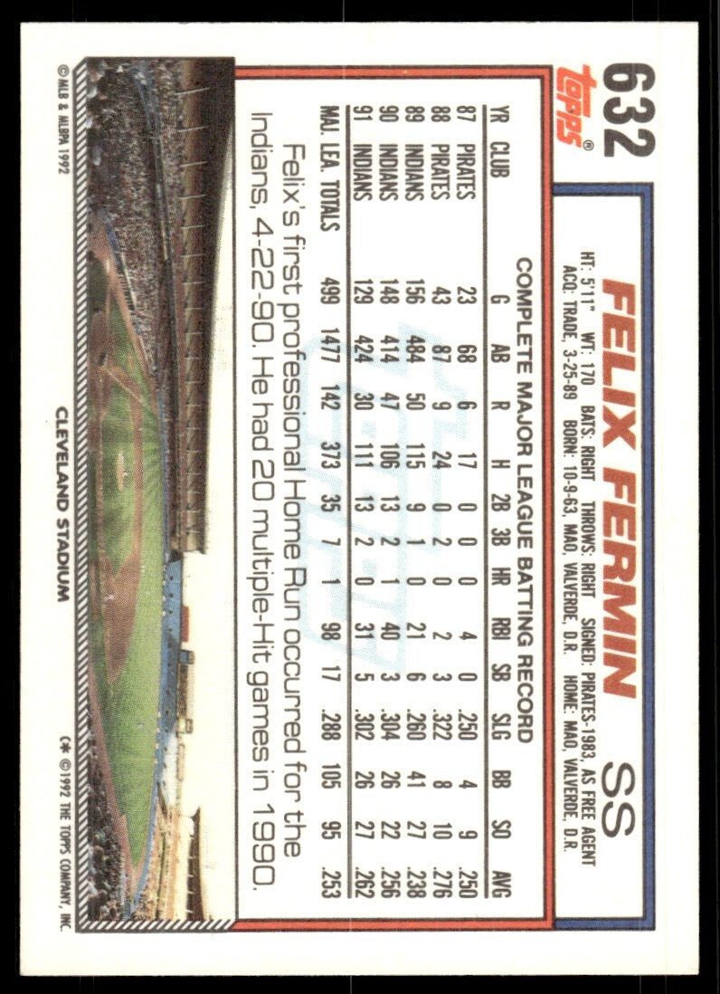 1992 Topps Felix Fermin Baseball Card Cleveland Indians #632