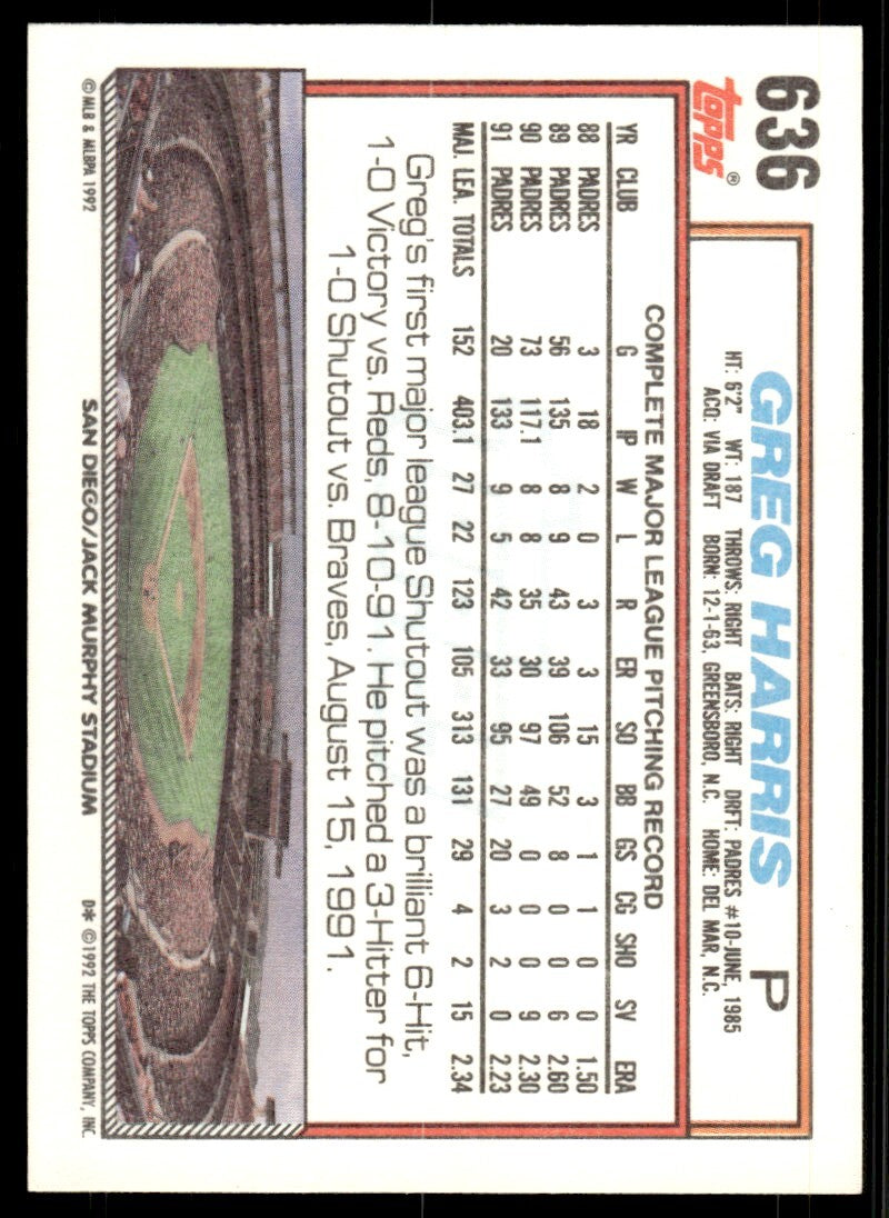 1992 Topps Greg Harris Baseball Card San Diego Padres #636