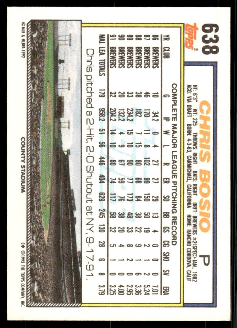 1992 Topps Chris Bosio Baseball Card Milwaukee Brewers #638