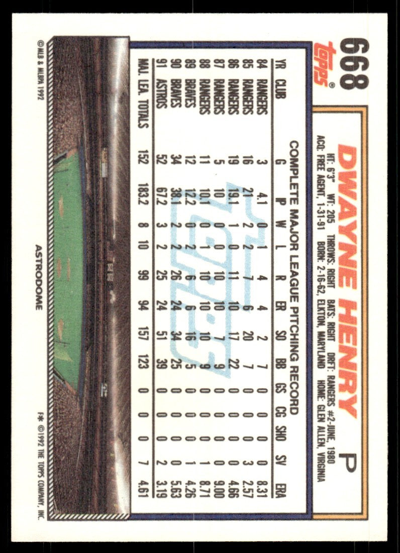 1992 Topps Dwayne Henry Baseball Card Houston Astros #668