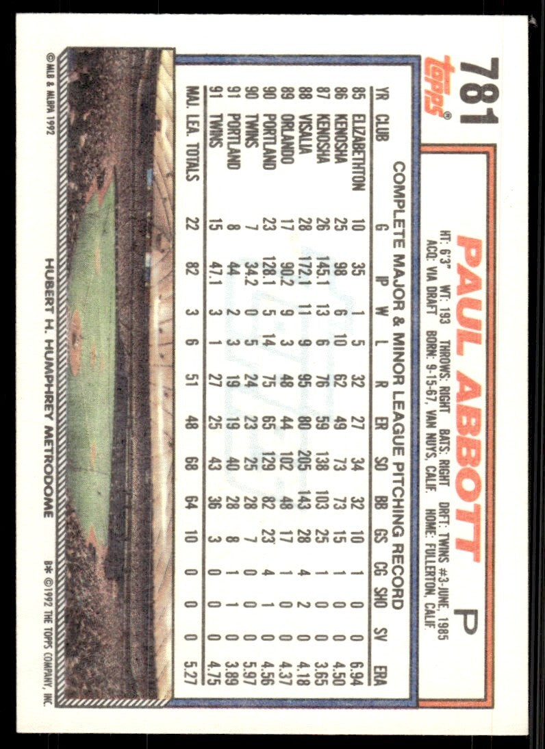 1992 Topps Paul Abbott Baseball Card Minnesota Twins #781