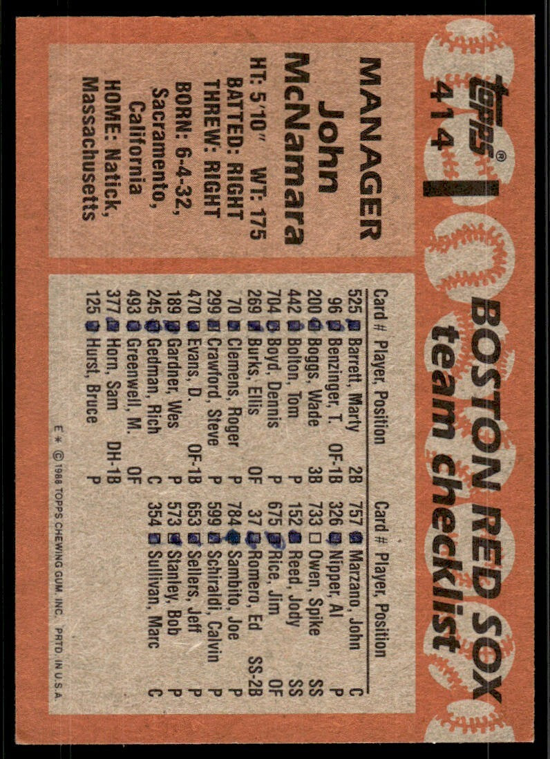 1988 Topps John McNamara Boston Red Sox #414