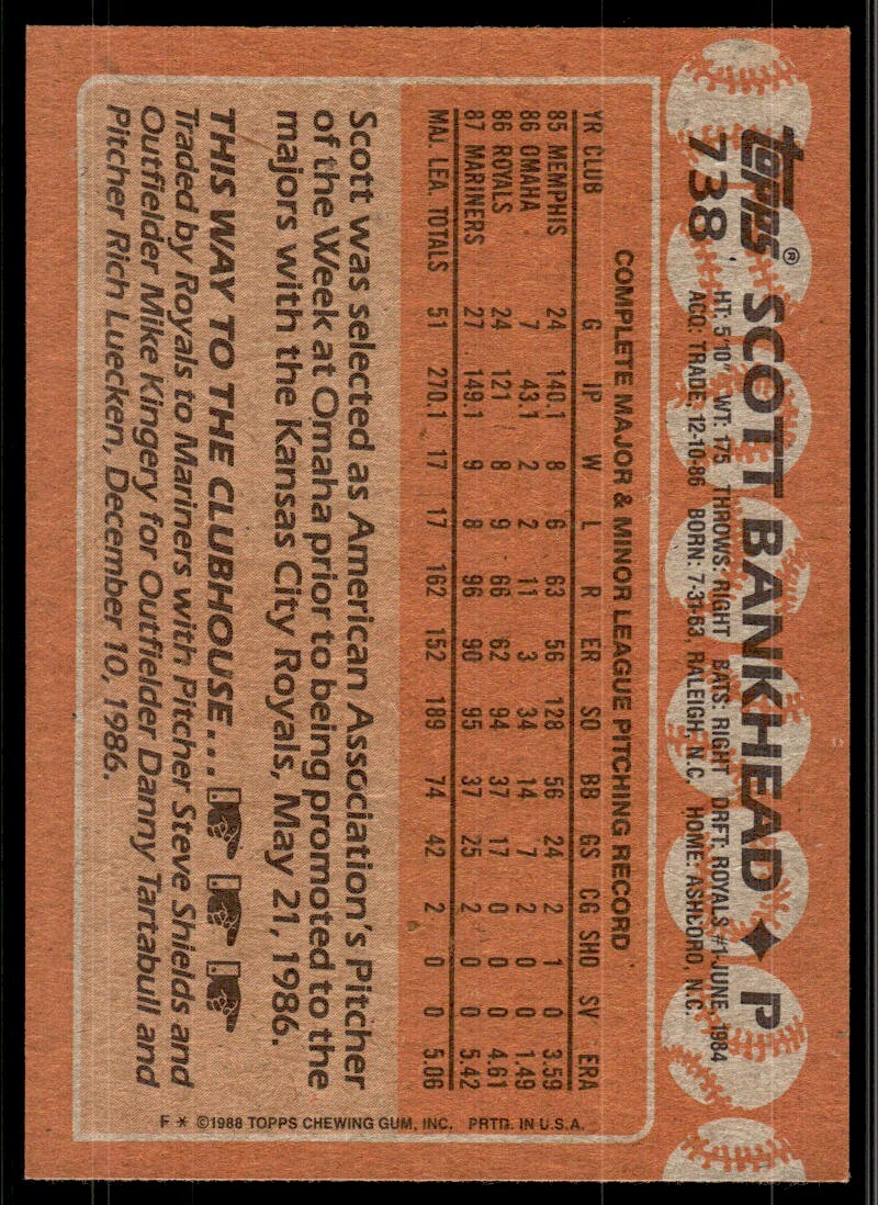 1988 Topps Scott Bankhead Baseball Card Seattle Mariners #738