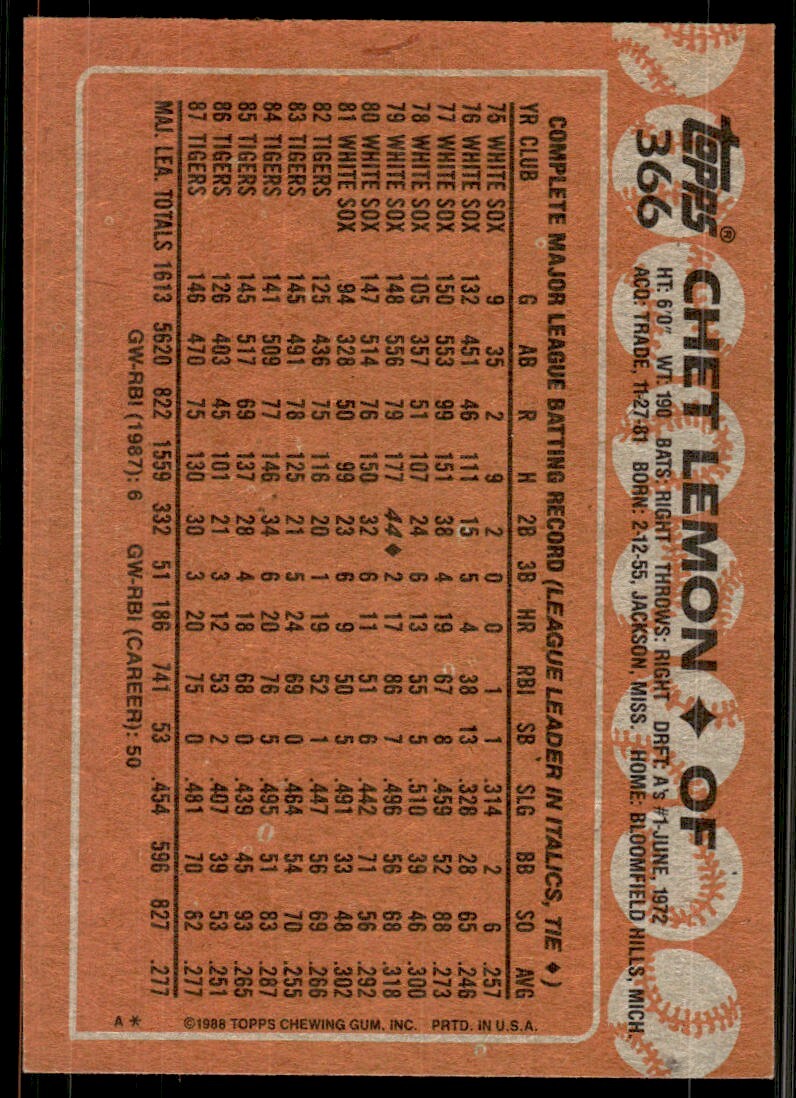 1988 Topps Chet Lemon Baseball Card Detroit Tigers #366