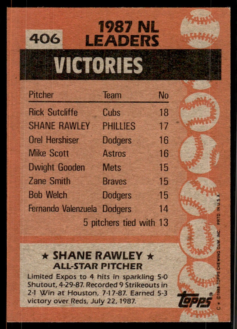 1988 Topps Baseball Card Shane Rawley Philadelphia Phillies #406