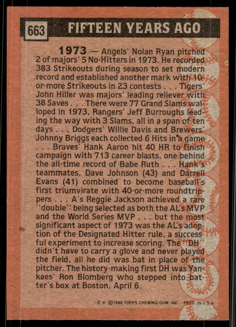 1988 Topps Baseball Card Ron Blomberg #663