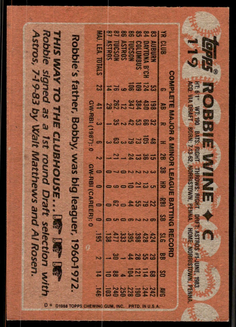 1988 Topps Robbie Wine Rookie Baseball Card Houston Astros #119
