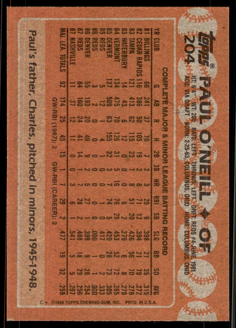 1988 Topps Paul O'Neill Baseball Card Cincinnati Reds #204