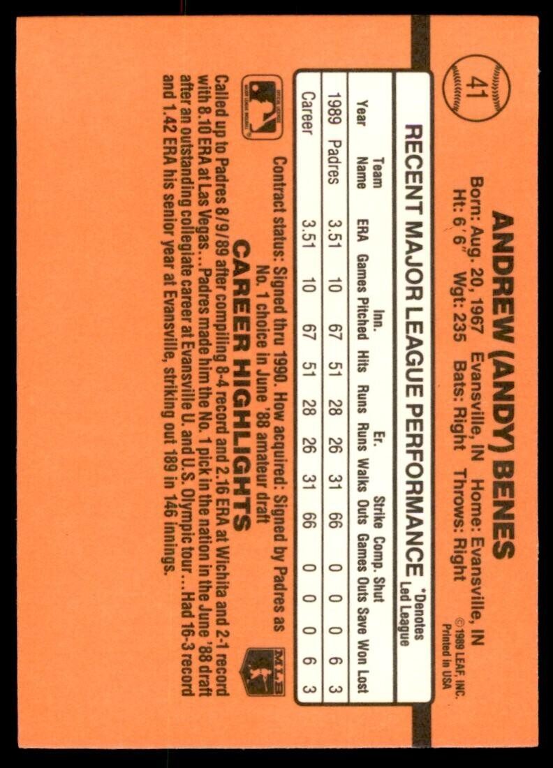 1990 Donruss Andy Benes Baseball Cards #41