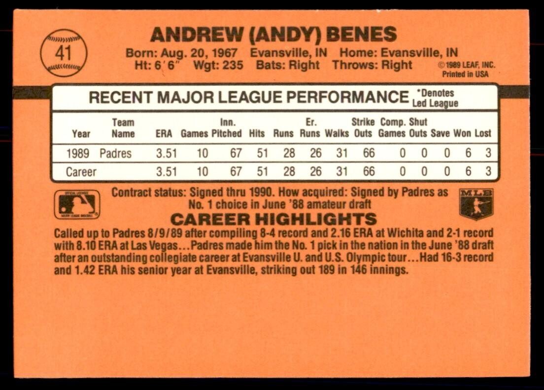 1990 Donruss: Andy Benes Baseball Cards #41