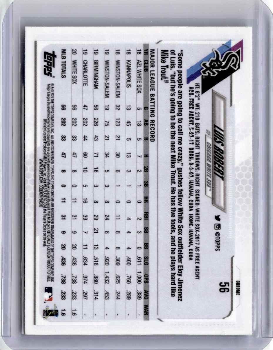 2021 Topps Chrome Luis Robert Rookie Baseball Card Chicago White Sox #56
