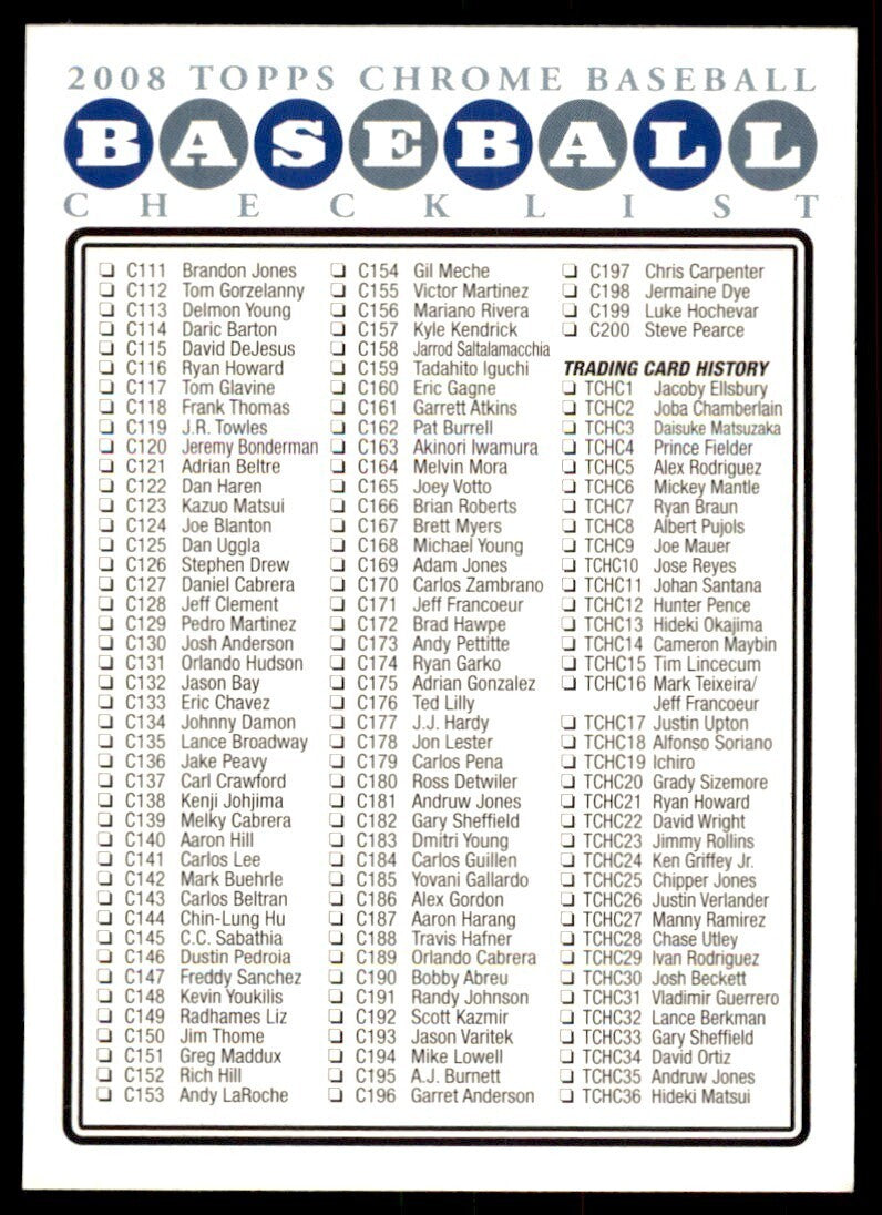 2008 Topps Chrome Checklist Baseball Cards #2 OF 2