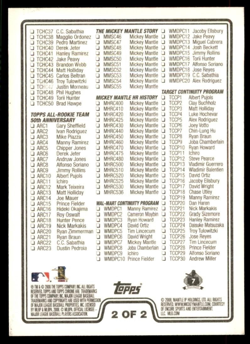 2008 Topps Chrome Checklist Baseball Cards #2 OF 2