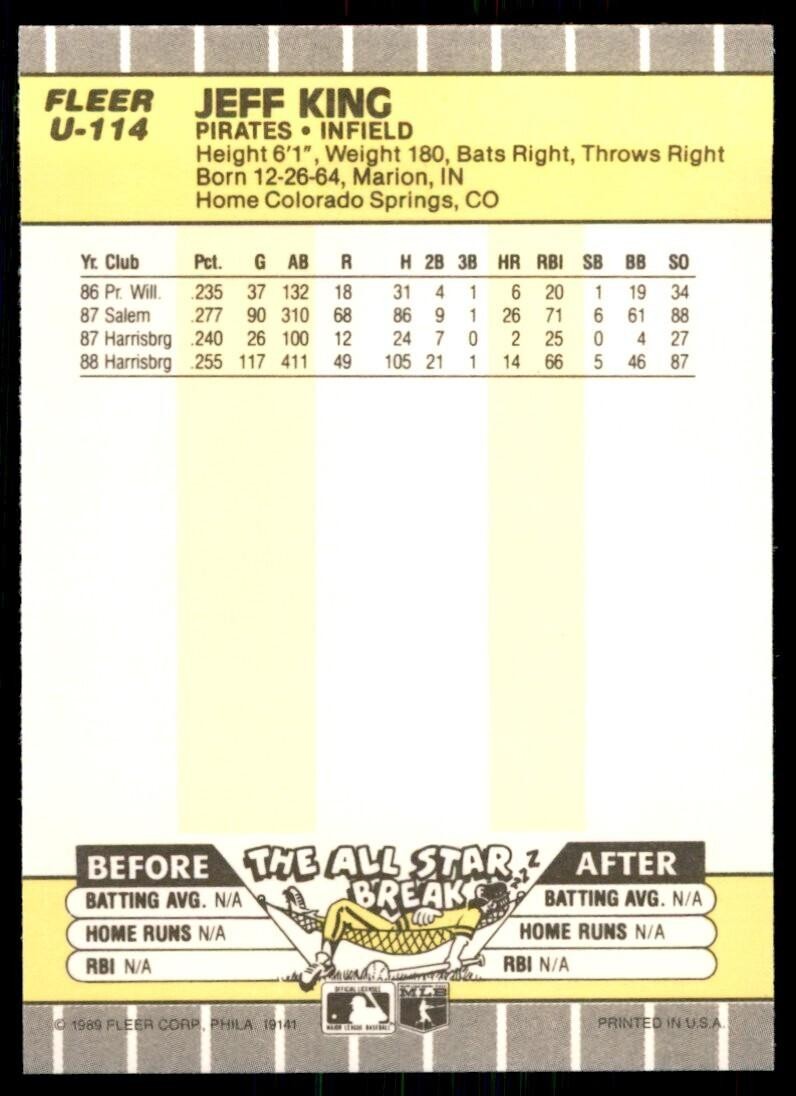 1989 Fleer Update Jeff King Baseball Cards #U-114