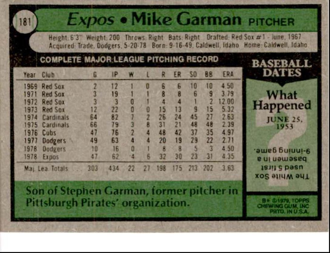1979 Topps Mike Garman Montreal Expos #181