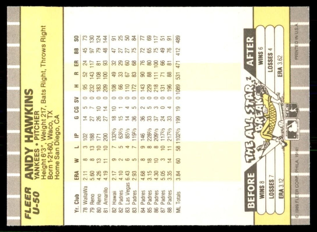 1989 Fleer Update Andy Hawkins Baseball Cards #U-50