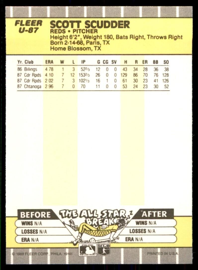 1989 Fleer Update Scott Scudder Baseball Cards #U-87