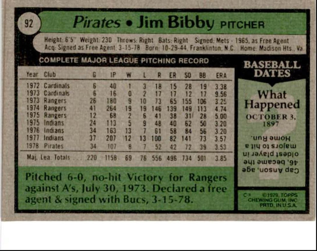 1979 Topps Jim Bibby P Pittsburgh Pirates #92