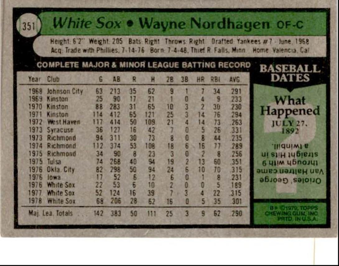 1979 Topps Wayne Nordhagen C Chicago White Sox #351