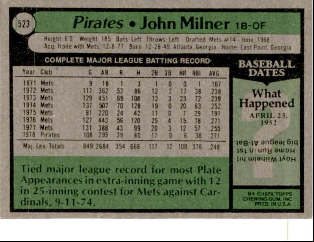 1979 Topps John Milner Pittsburgh Pirates #523