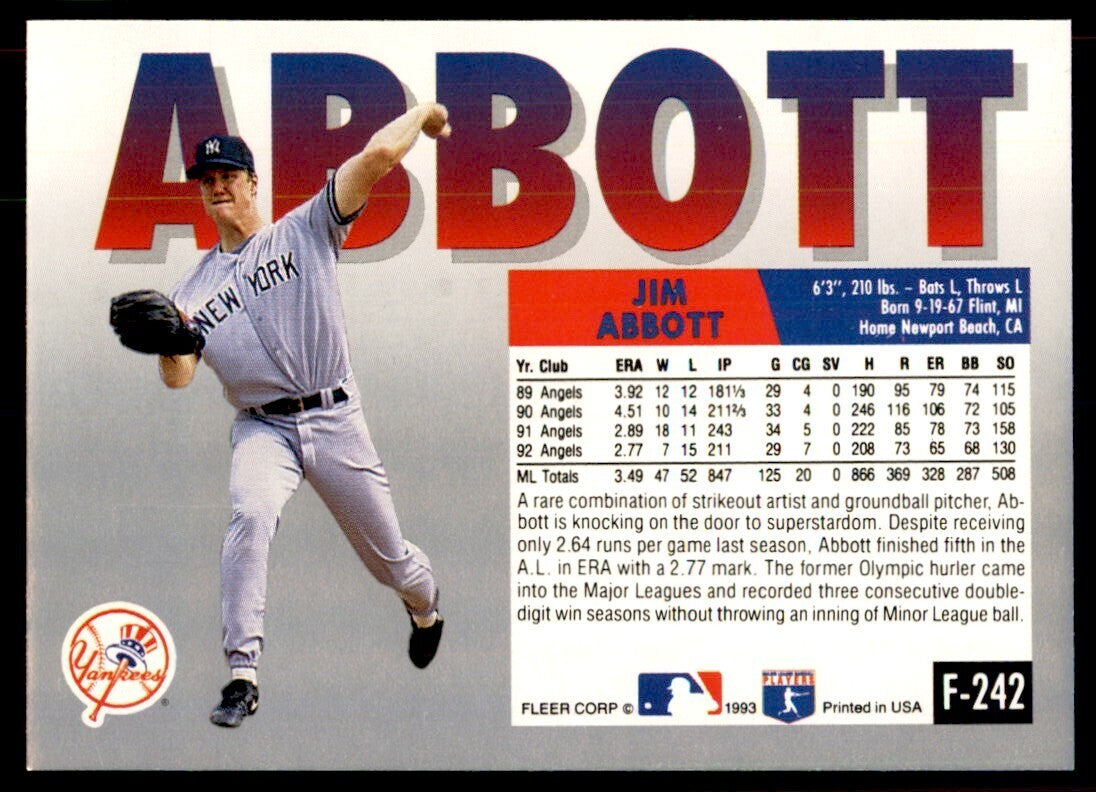 1993 Fleer Final Update Jim Abbott Baseball Cards #F-242
