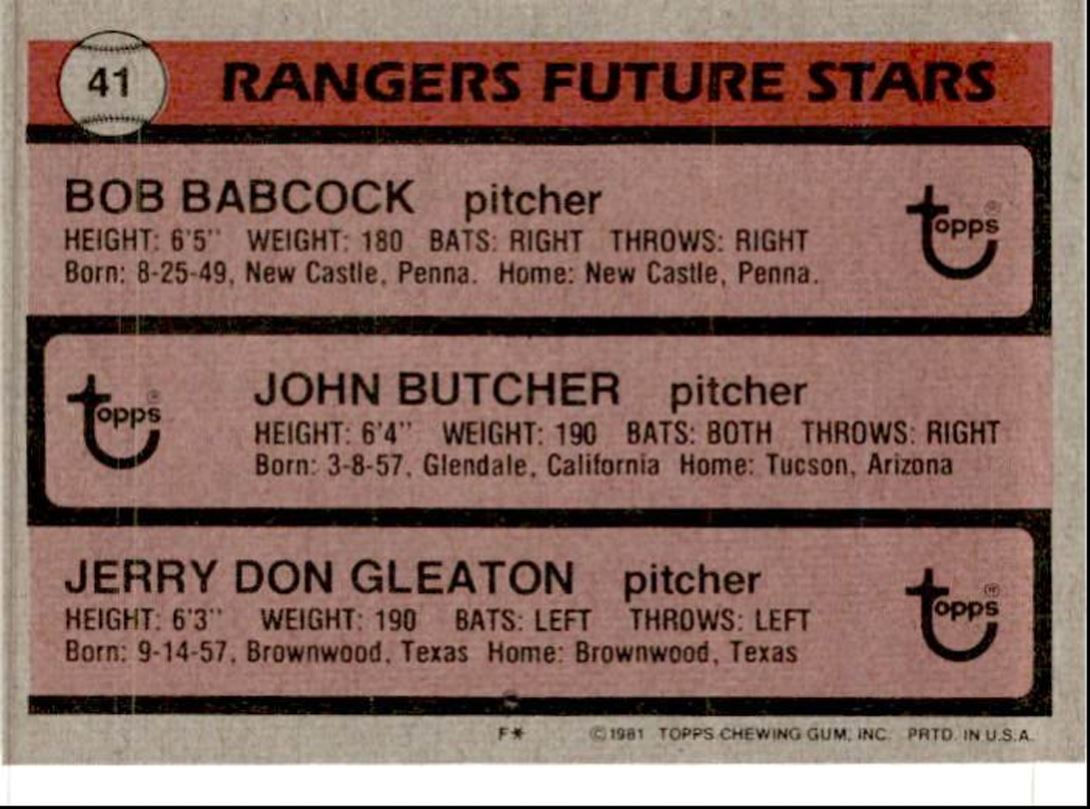 1981 Topps Rangers Future Stars - Bob Babcock/John Butcher/Jerry Don Gleaton