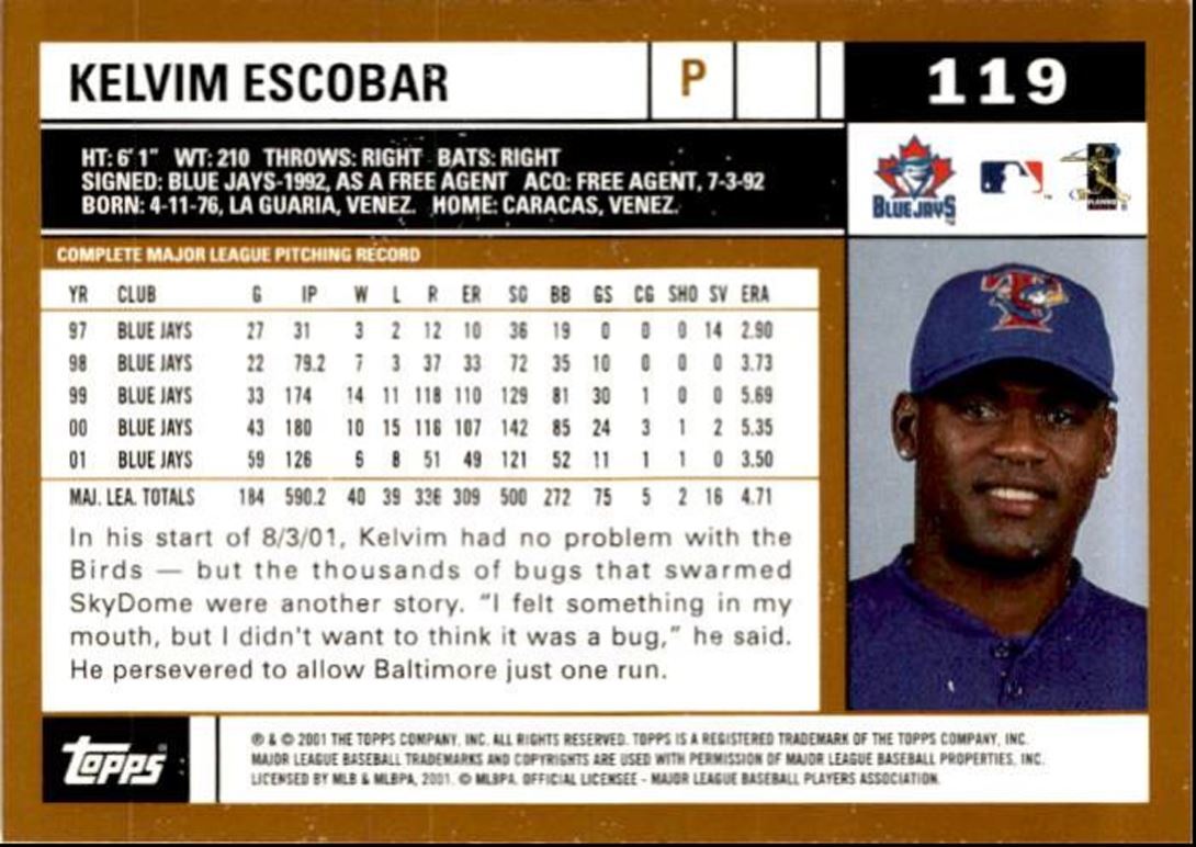 2002 Topps Kelvim Escobar Toronto Blue Jays #119