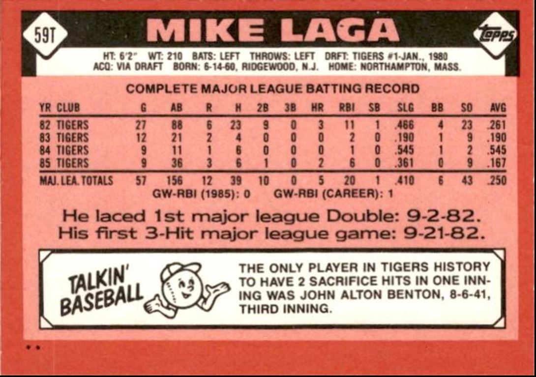 1986 Topps Traded Mike Laga Detroit Tigers #59T
