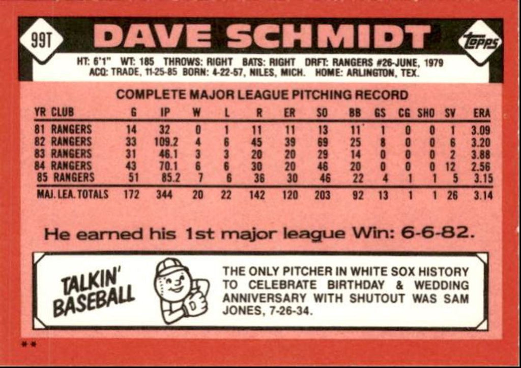 1986 Topps Traded Dave Schmidt P Chicago White Sox #99T