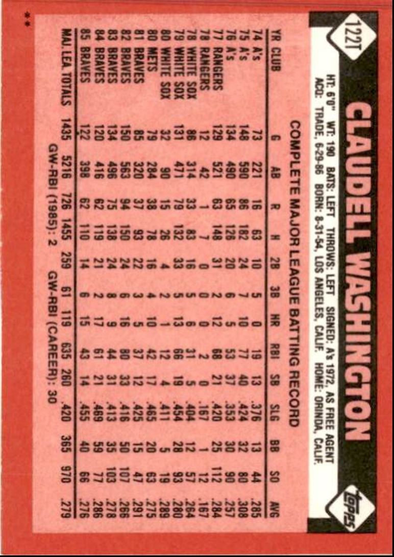 1986 Topps Traded Claudell Washington New York Yankees #122T