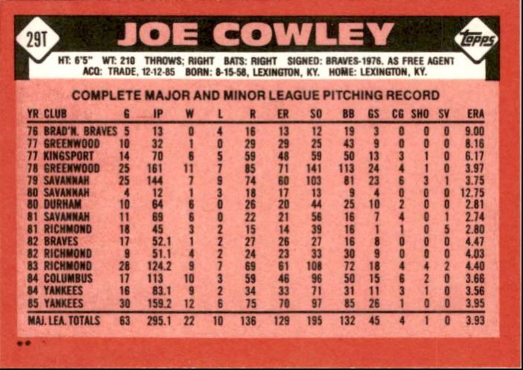1986 Topps Traded Joe Cowley Chicago White Sox #29T