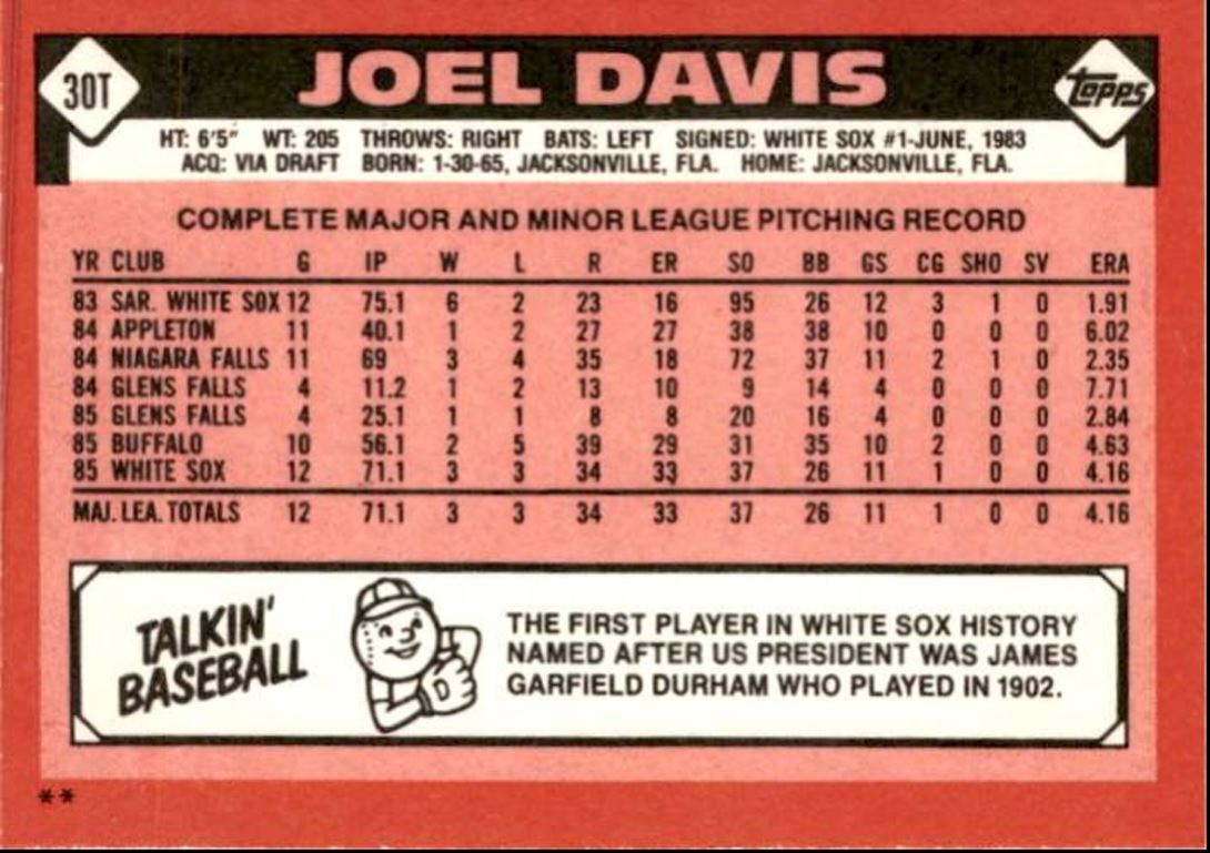 1986 Topps Traded Joel Davis Chicago White Sox #30T