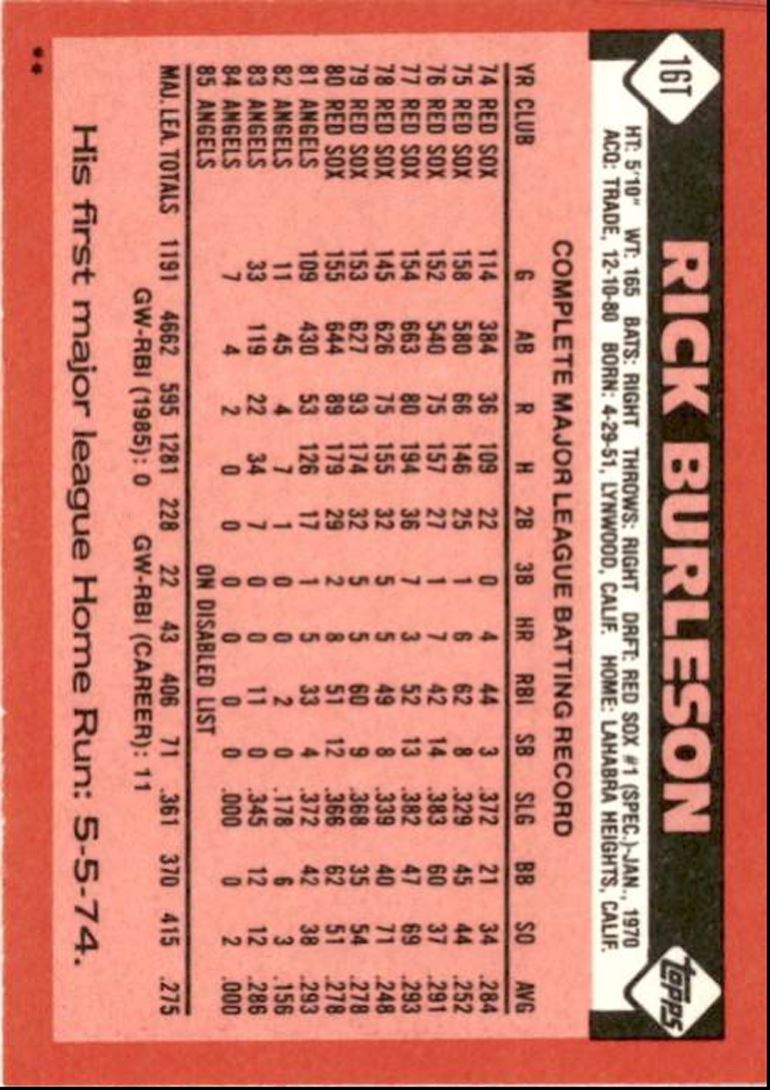 1986 Topps Traded Rick Burleson California Angels #16T