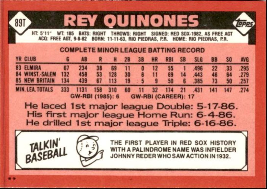 1986 Topps Traded Rey Quinones Boston Red Sox #89T