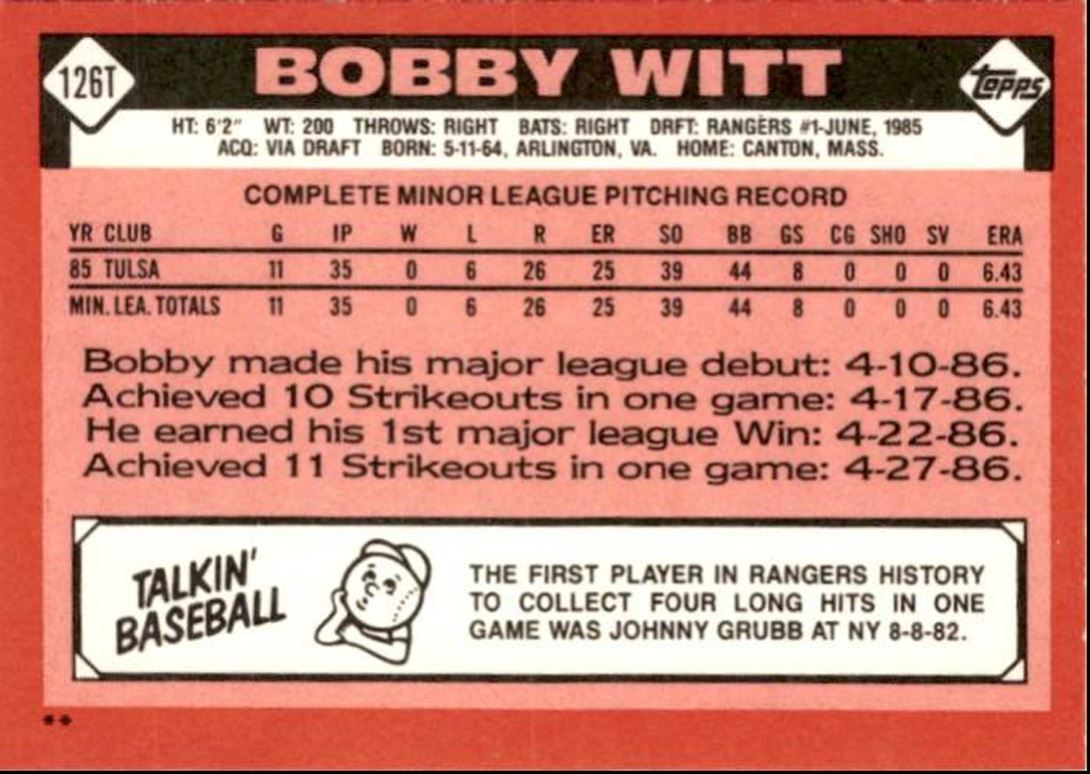 1986 Topps Traded Bobby Witt P Texas Rangers #126T
