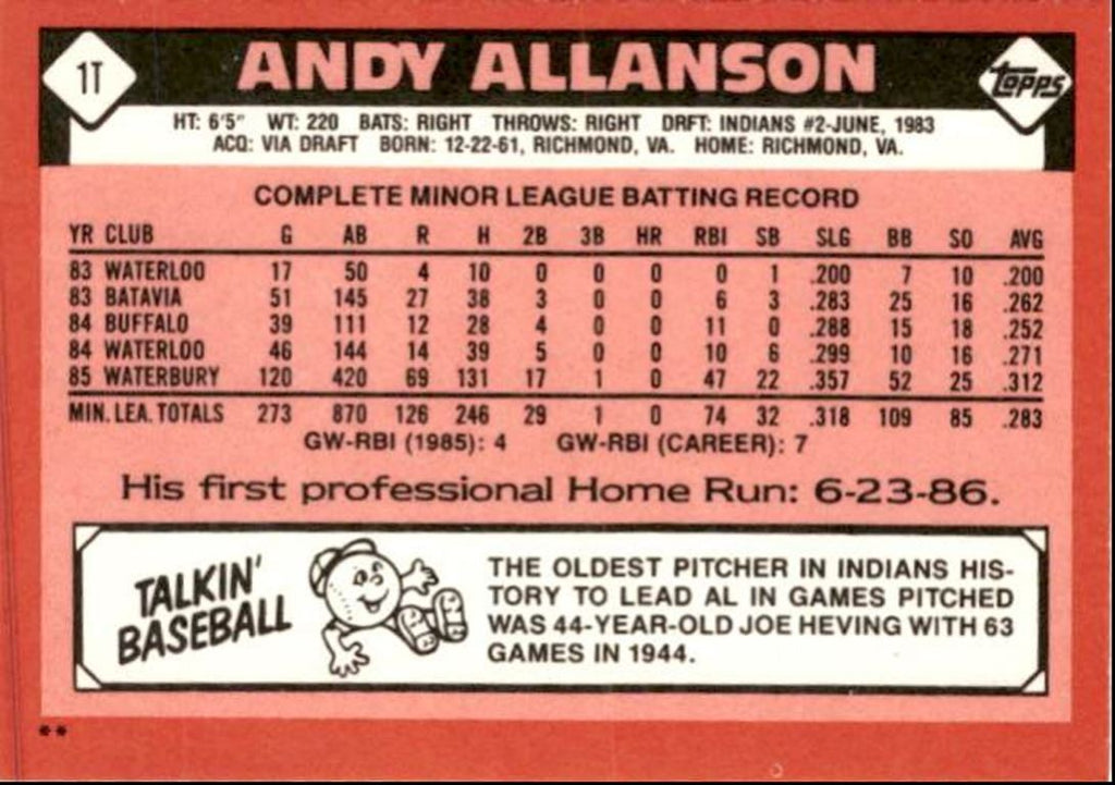 1986 Topps Traded Andy Allanson C Cleveland Indians #1T