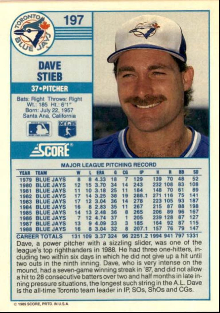 1989 Score Dave Stieb Toronto Blue Jays #197