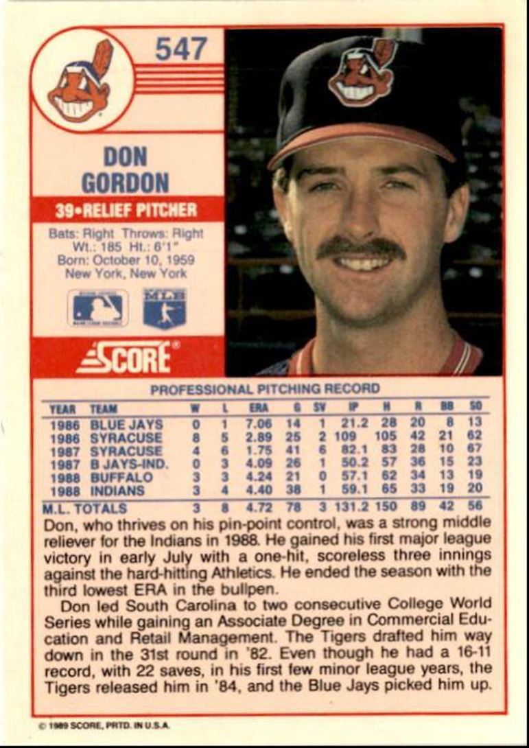 1989 Score Don Gordon Cleveland Indians #547