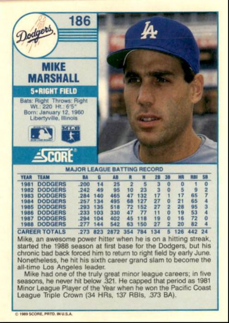 1989 Score Mike Marshall Los Angeles Dodgers #186