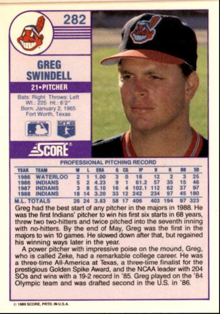 1989 Score Greg Swindell Cleveland Indians #282