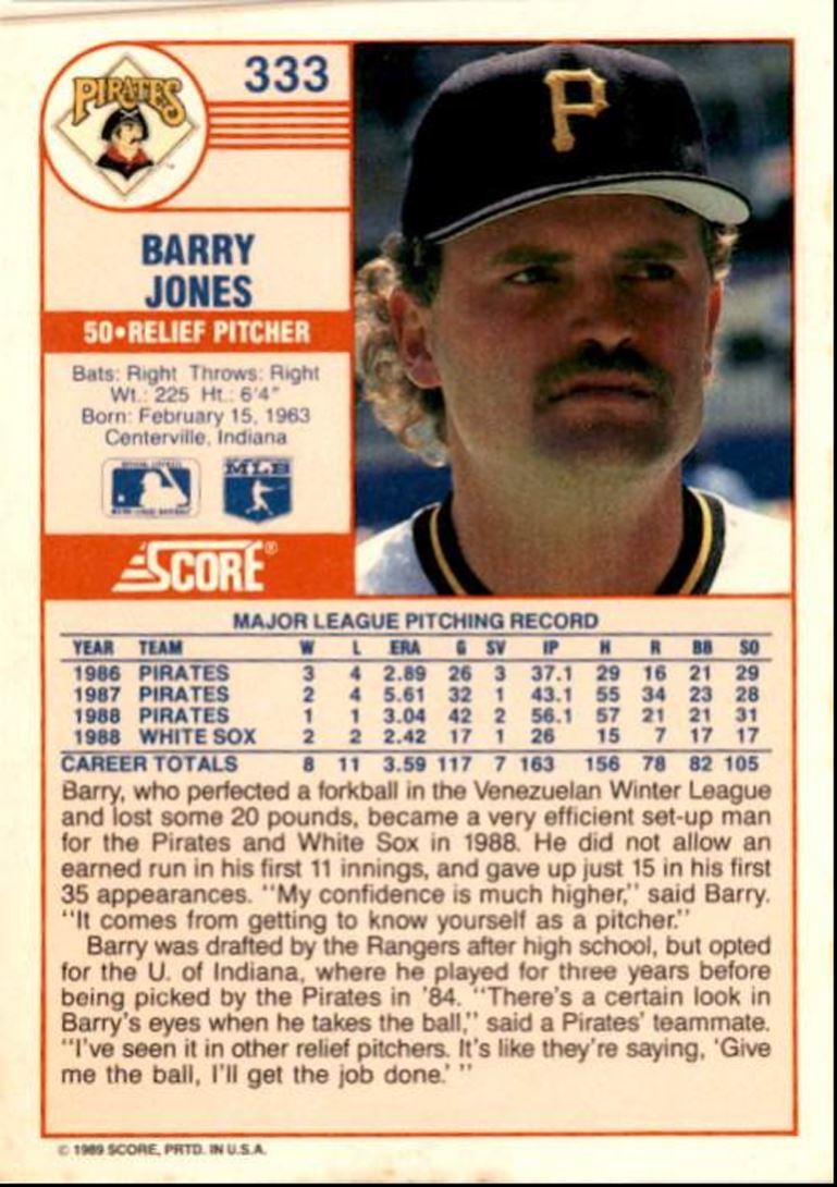 1989 Score Barry Jones Pittsburgh Pirates #333
